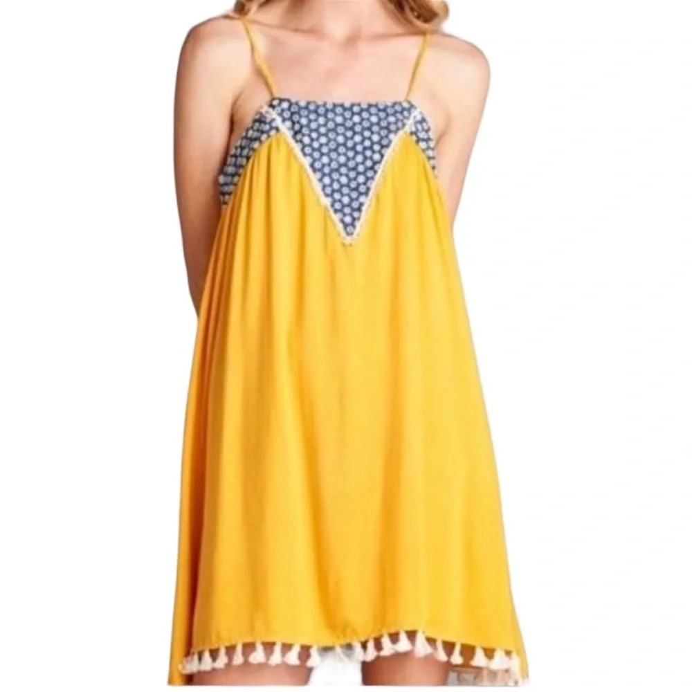 JODIFL Eyelet golden yellow BOHO dress with adjustable spaghetti straps size S.